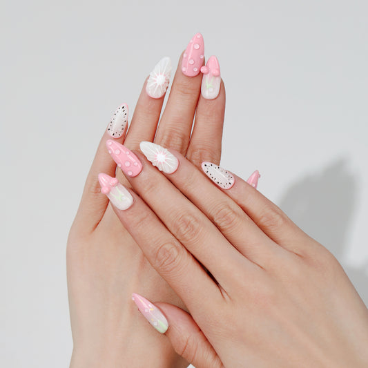 Berry Picnic almond press-on nails worn on hand