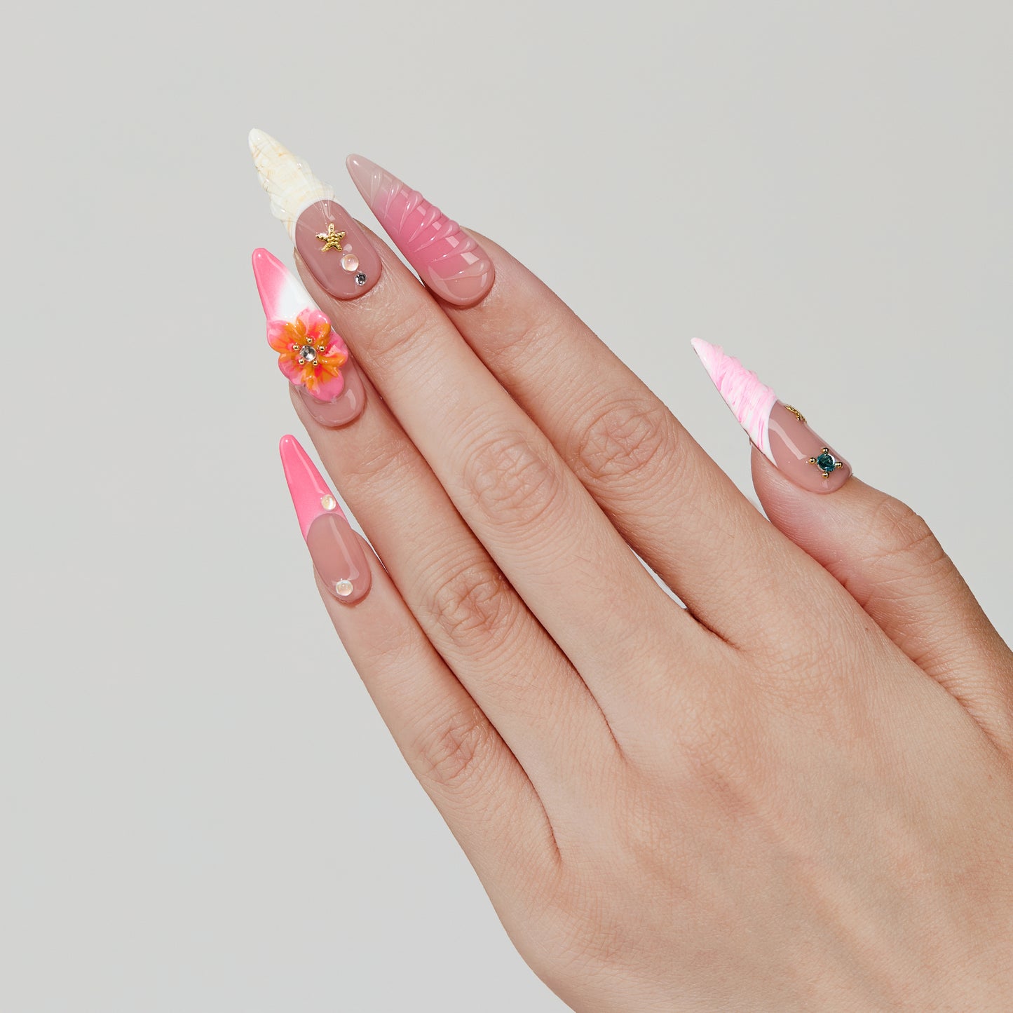 Misty Garden long almond press-on nails hand close-up