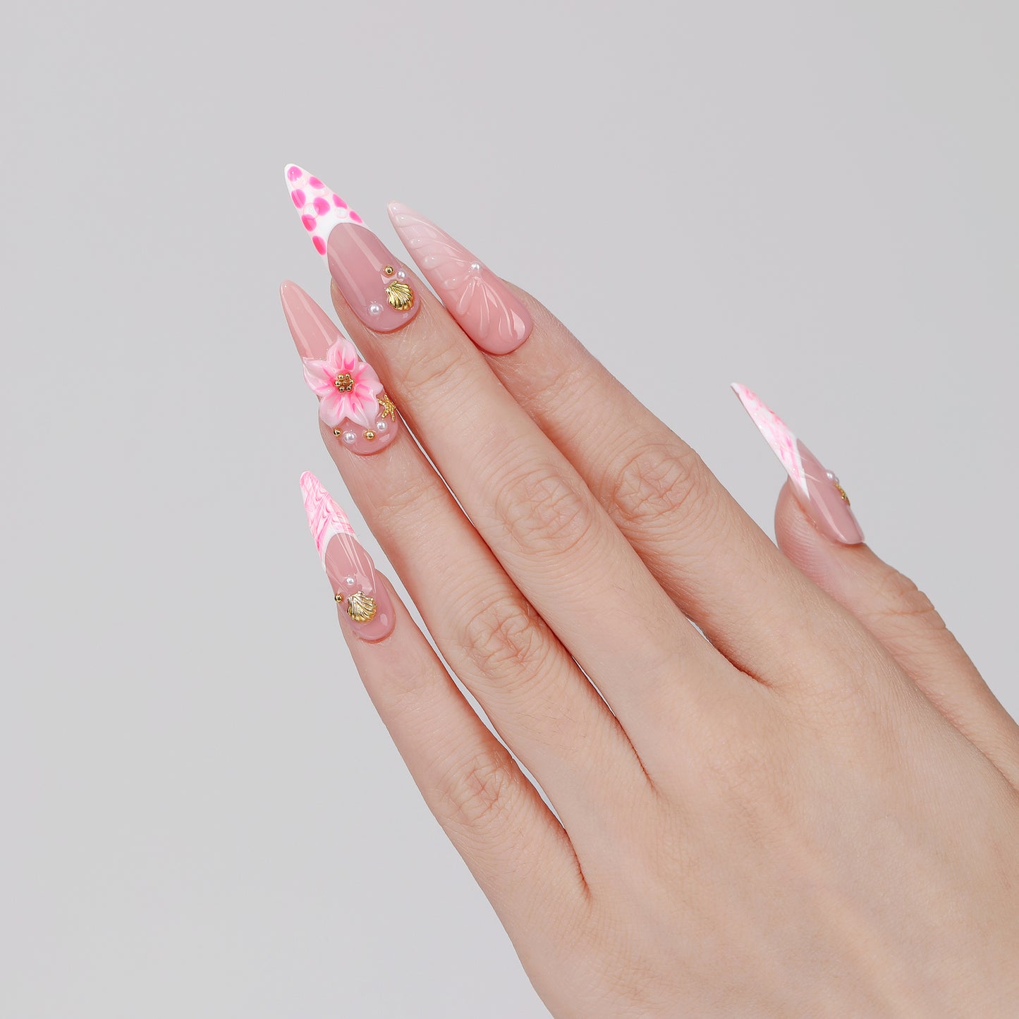 Dreamy Trail long almond press-on nails hand close-up