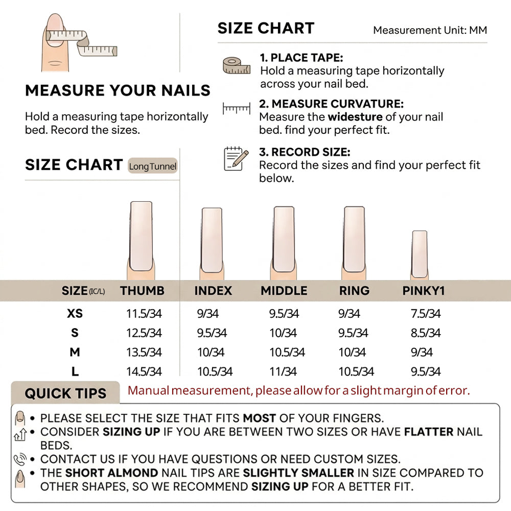 PetalFinger long tunnel press-on nails size chart - nail bed width and length in mm for sizes XS, S, M and L
