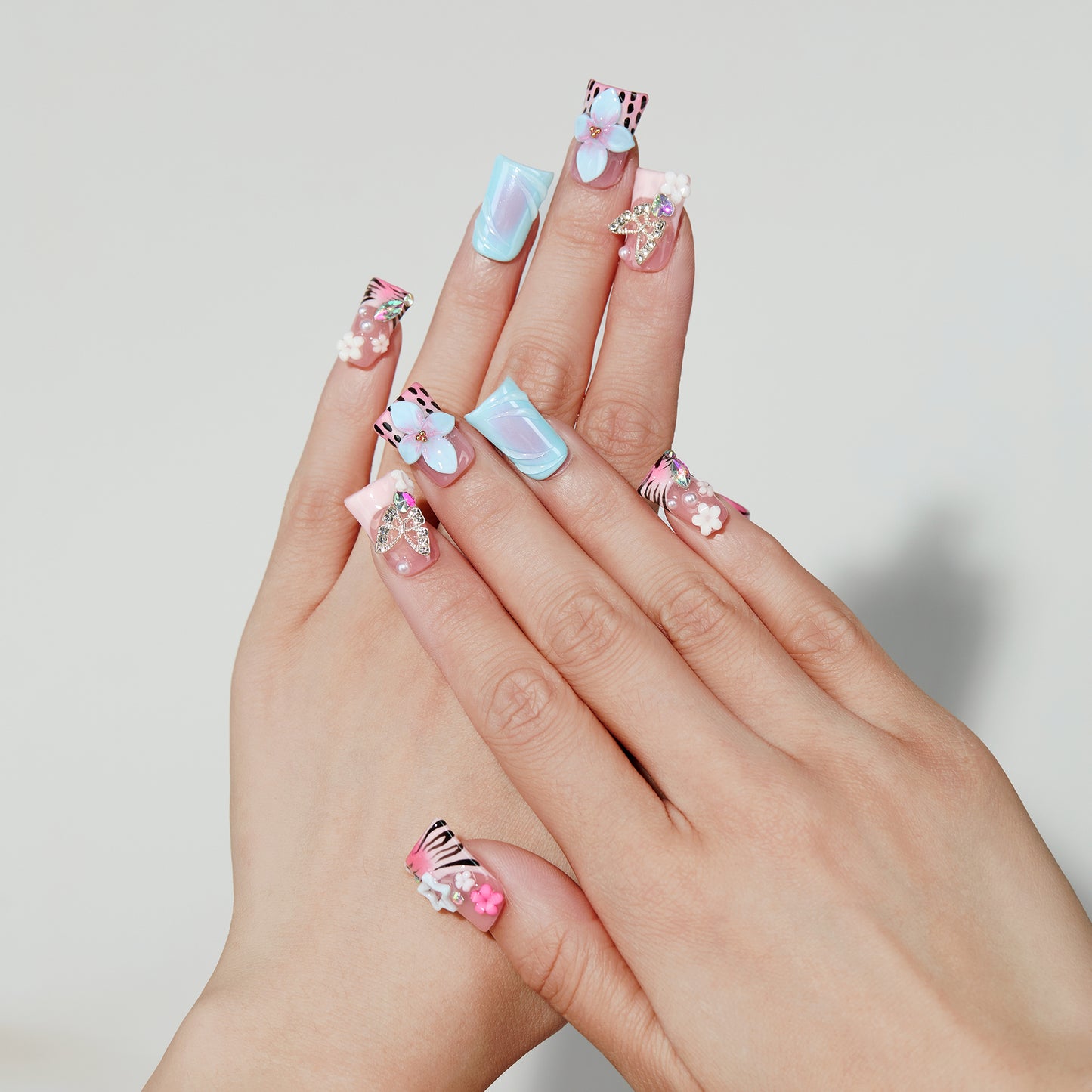 Color Carved coffin press-on nails hand close-up