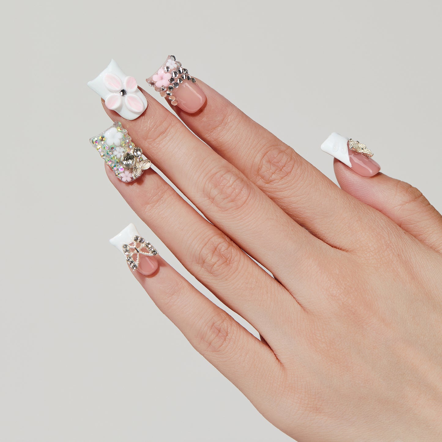 Butterfly Carve coffin press-on nails hand close-up