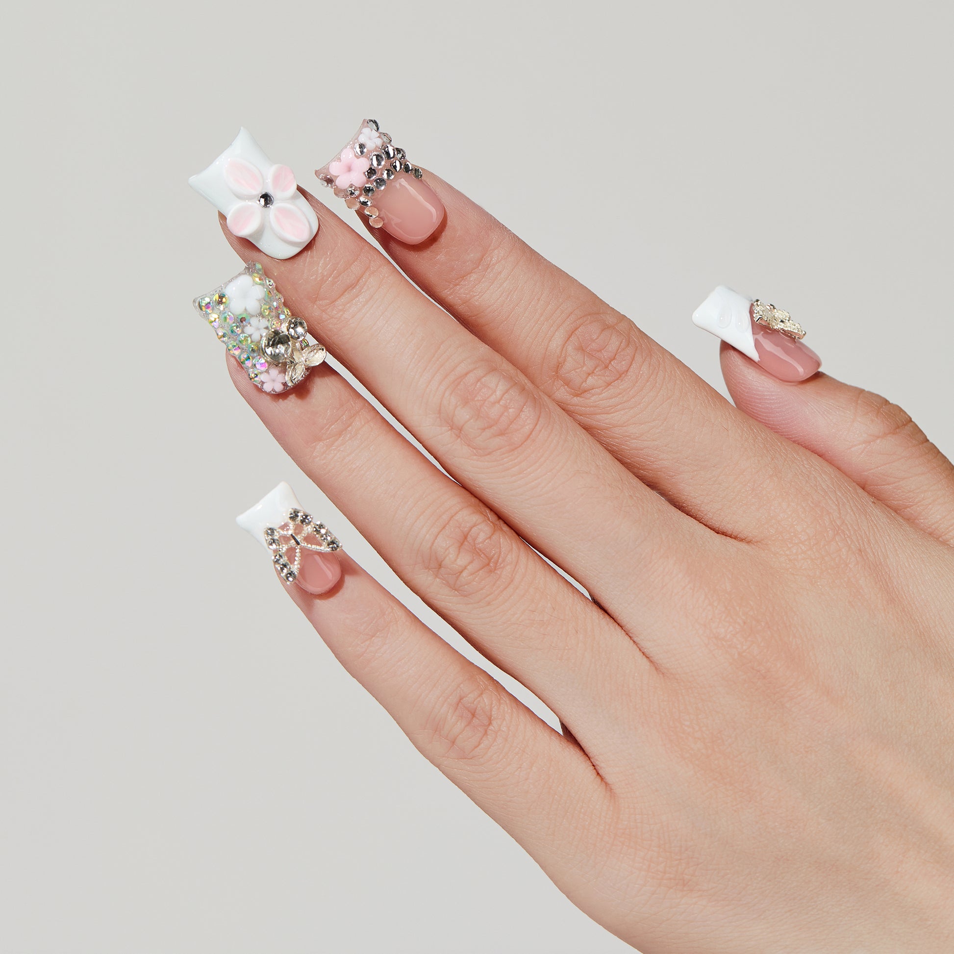 Butterfly Carve coffin press-on nails hand close-up