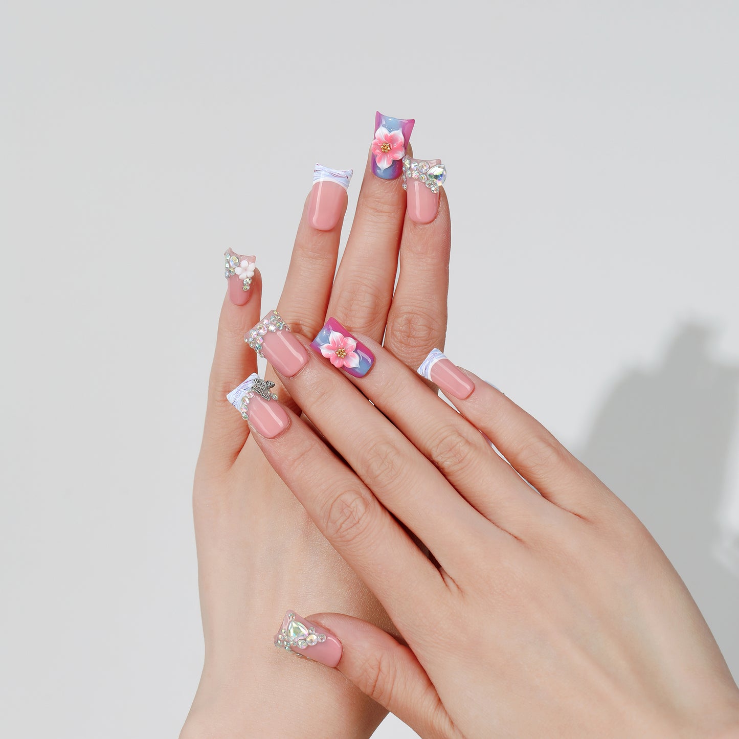 Flutter Dream coffin press-on nails hand close-up