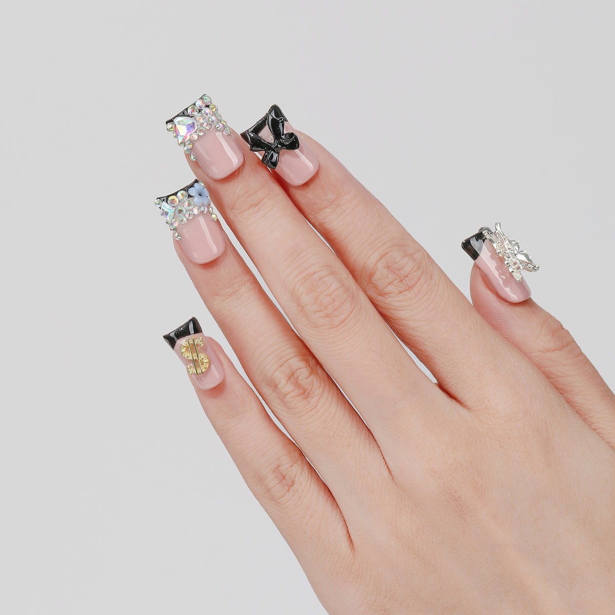 Dark Flutter coffin press-on nails hand close-up