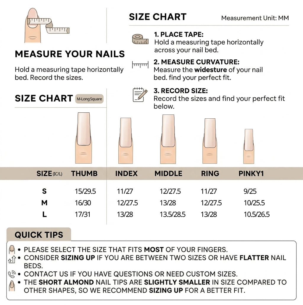 PetalFinger medium-long square press-on nails size chart - nail bed width in mm for sizes XS, S, M and L