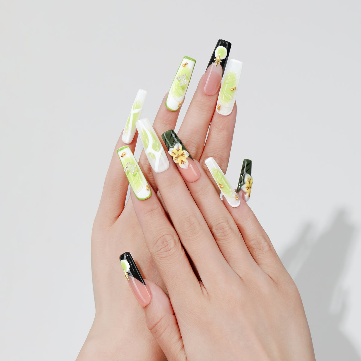 Garden Glow extra long coffin press-on nails hand close-up