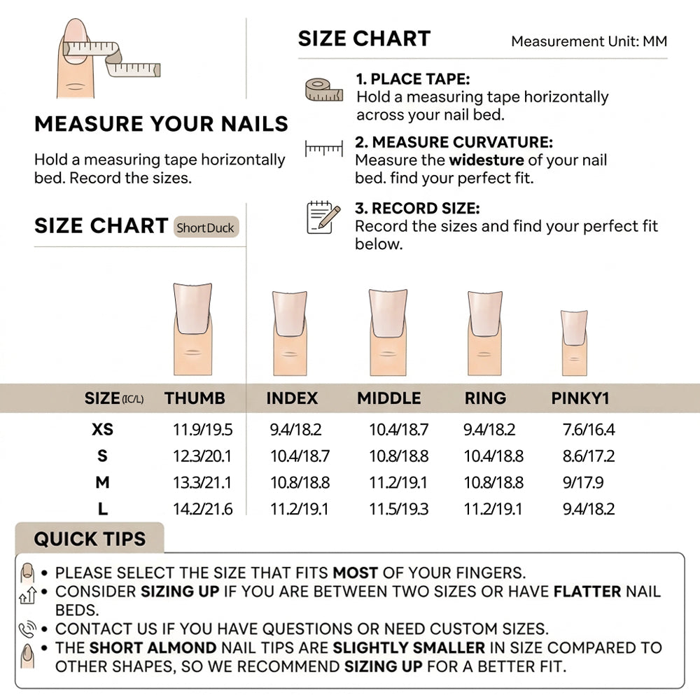 PetalFinger short duck coffin press-on nails size chart - nail bed width in mm for sizes XS, S, M and L
