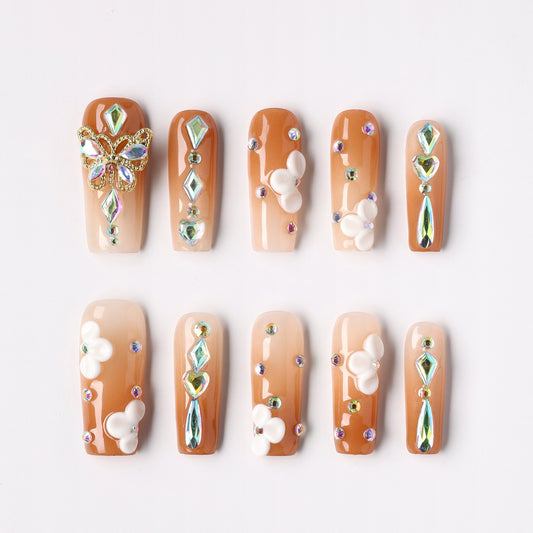 Amber Flora press-on nails – amber floral square full set