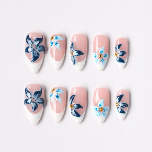 Blue Peony press-on nails – blue peony floral almond full set