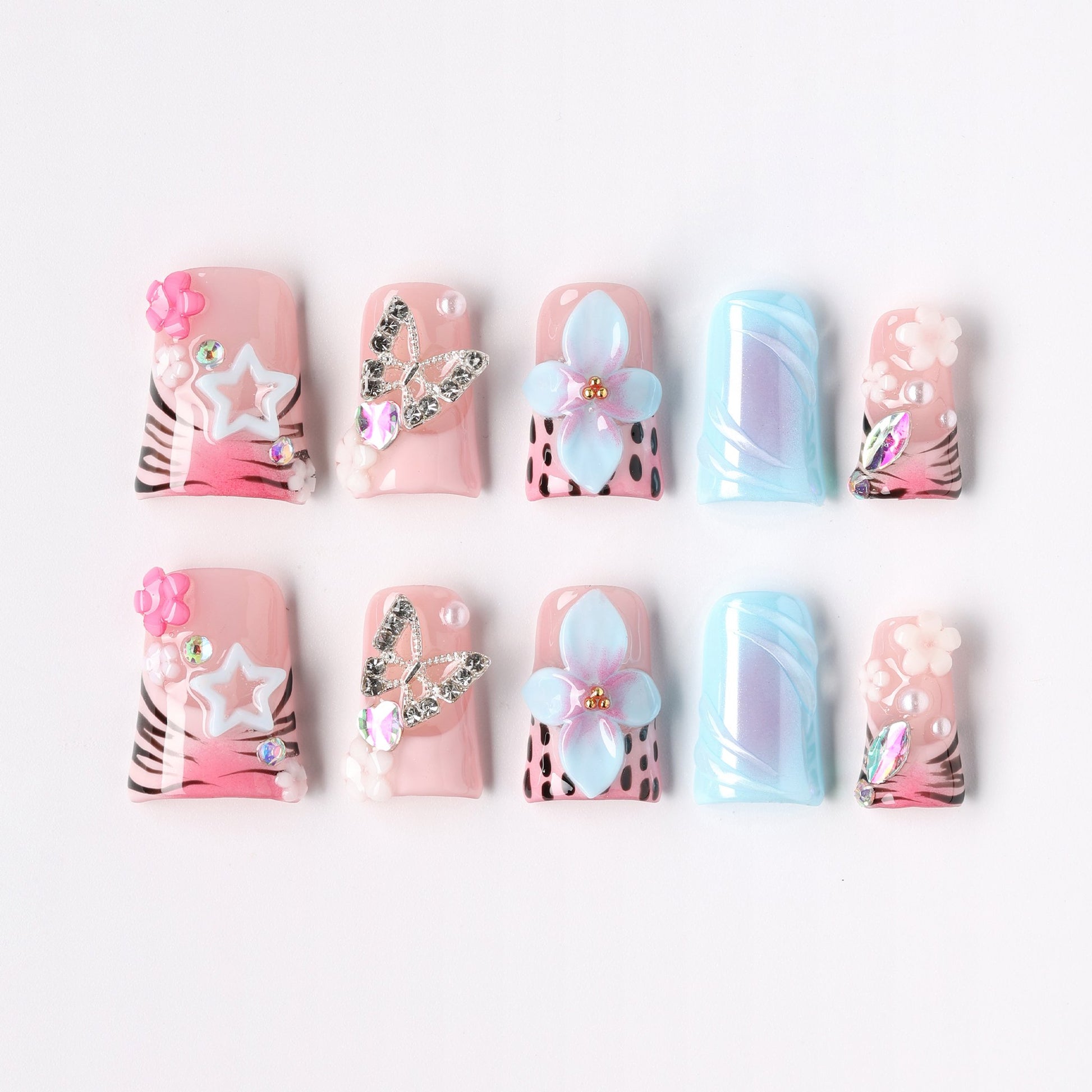 Color Carved press-on nails – carved 3D color coffin full set