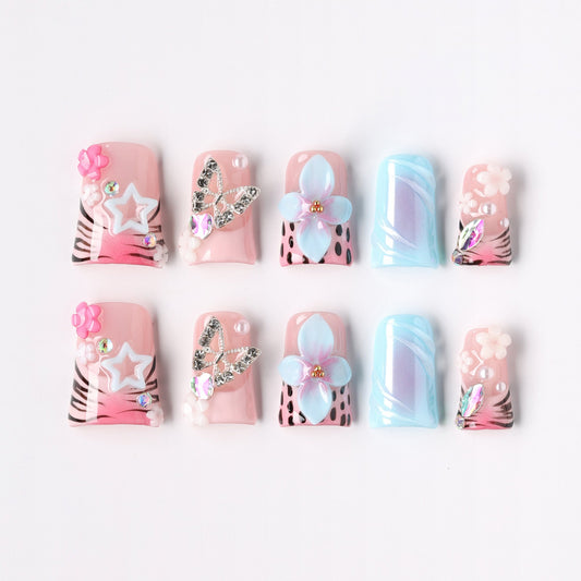 Color Carved press-on nails – carved 3D color coffin full set