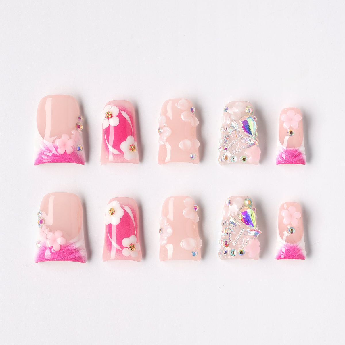 Crystal Bloom press-on nails - crystal-jewelled bloom coffin full set