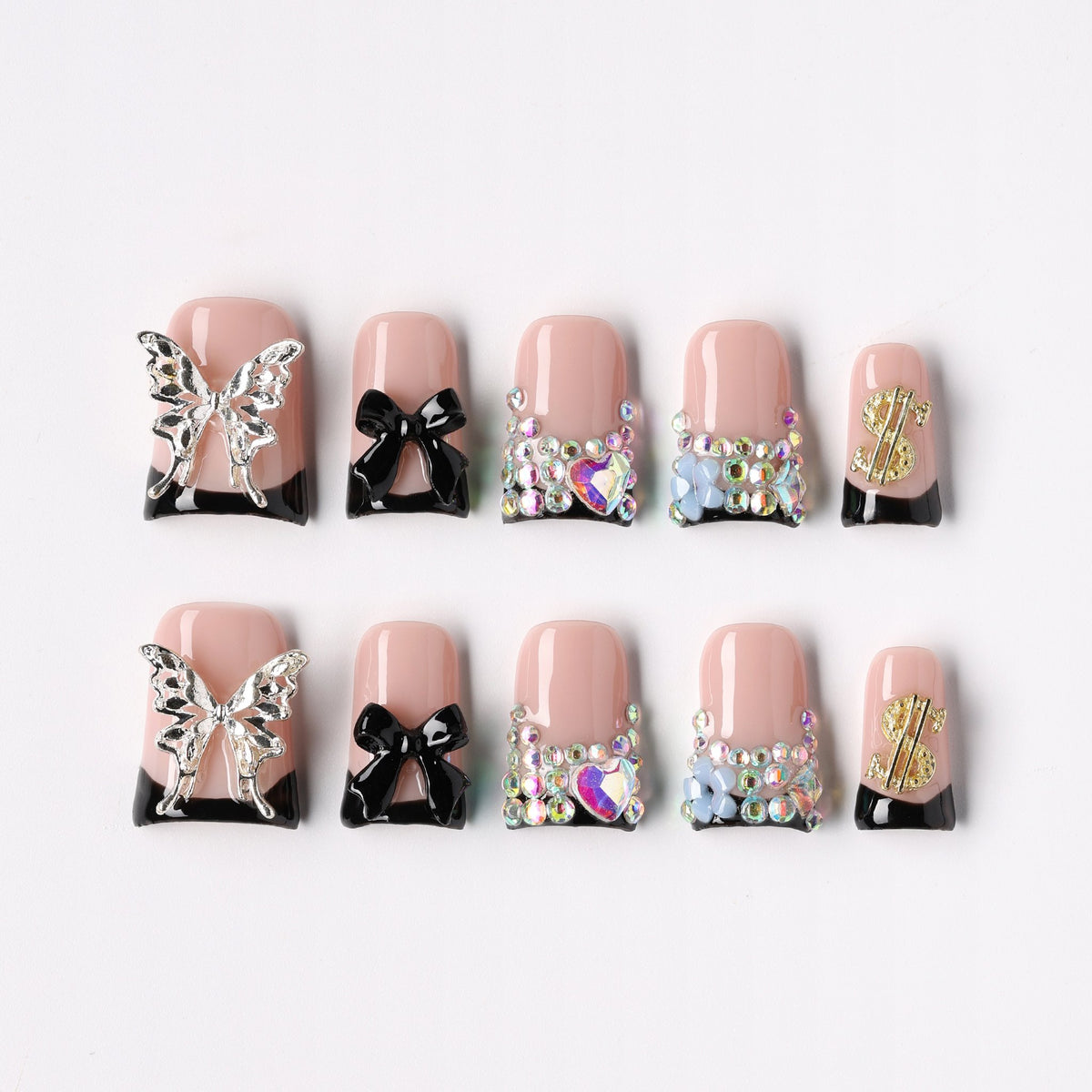 Dark Flutter press-on nails - black gothic butterfly wing coffin full set