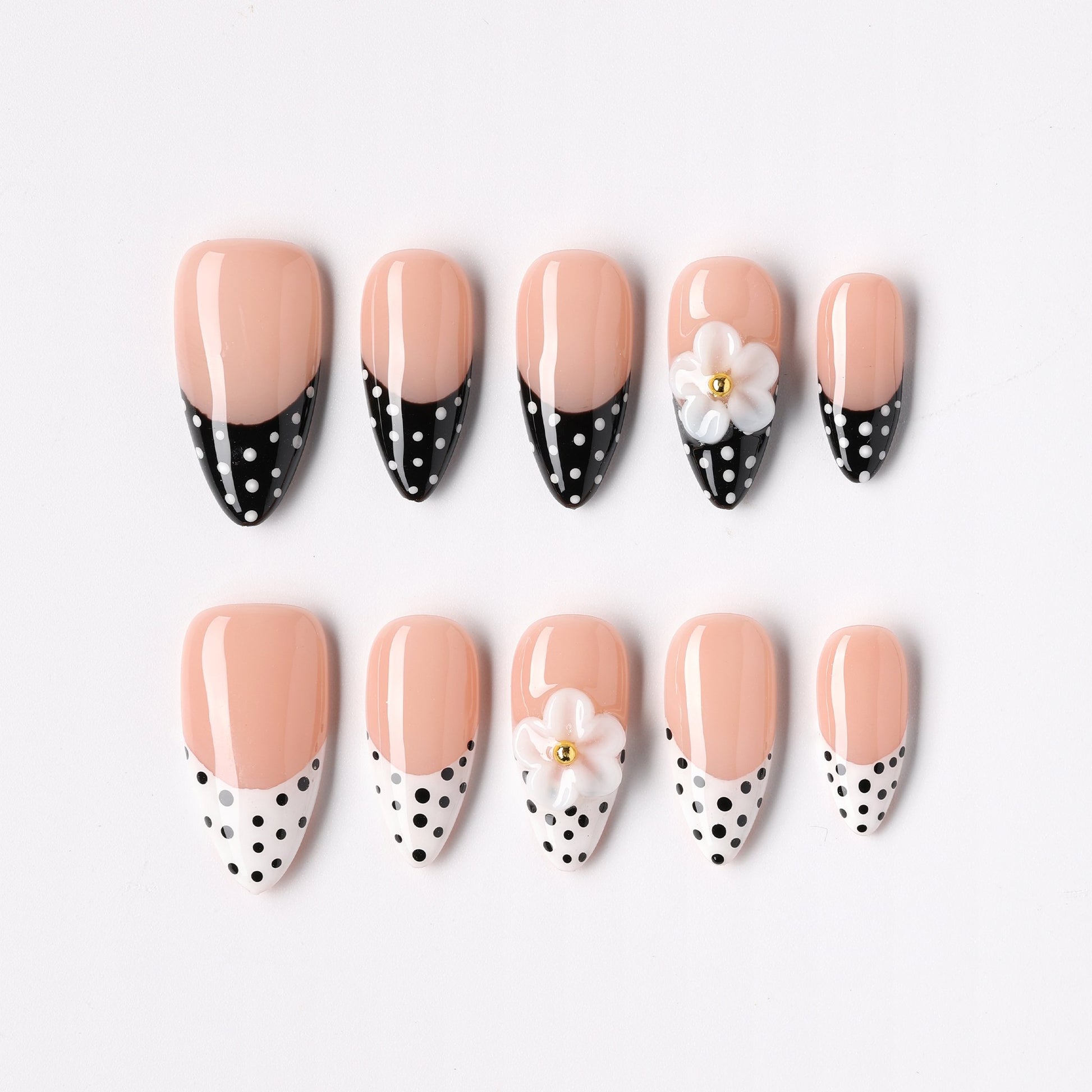 Duo Dot press-on nails – two-tone dot almond full set