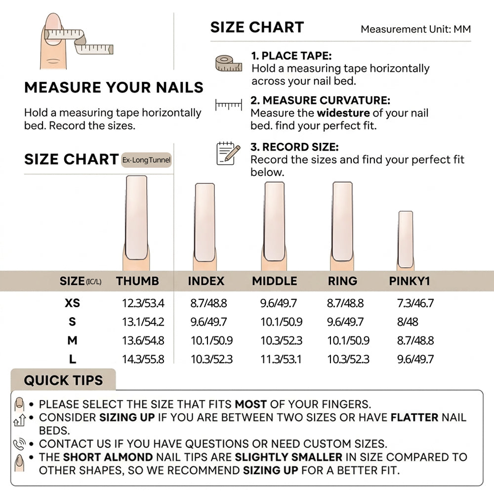 PetalFinger extra long tunnel press-on nails size chart - nail bed width and length in mm for sizes XS, S, M and L