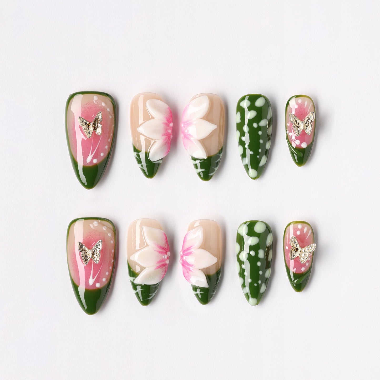 Green Sketch press-on nails – sketched green botanical almond full set