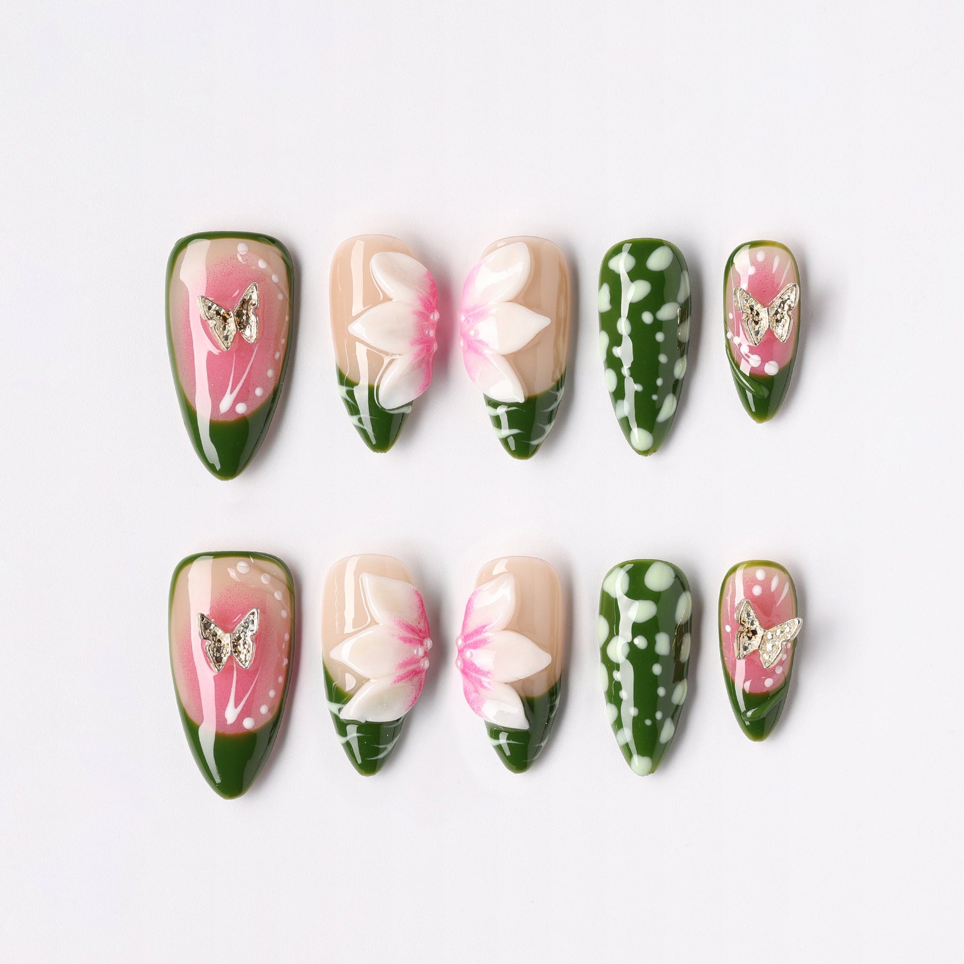 Green Sketch press-on nails – sketched green botanical almond full set
