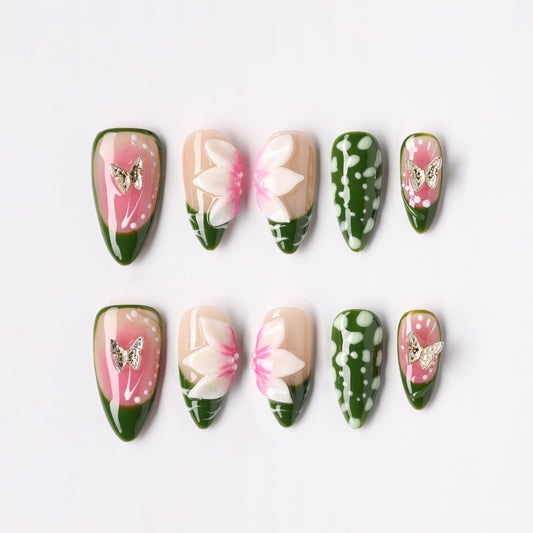 Green Sketch press-on nails – sketched green botanical almond full set