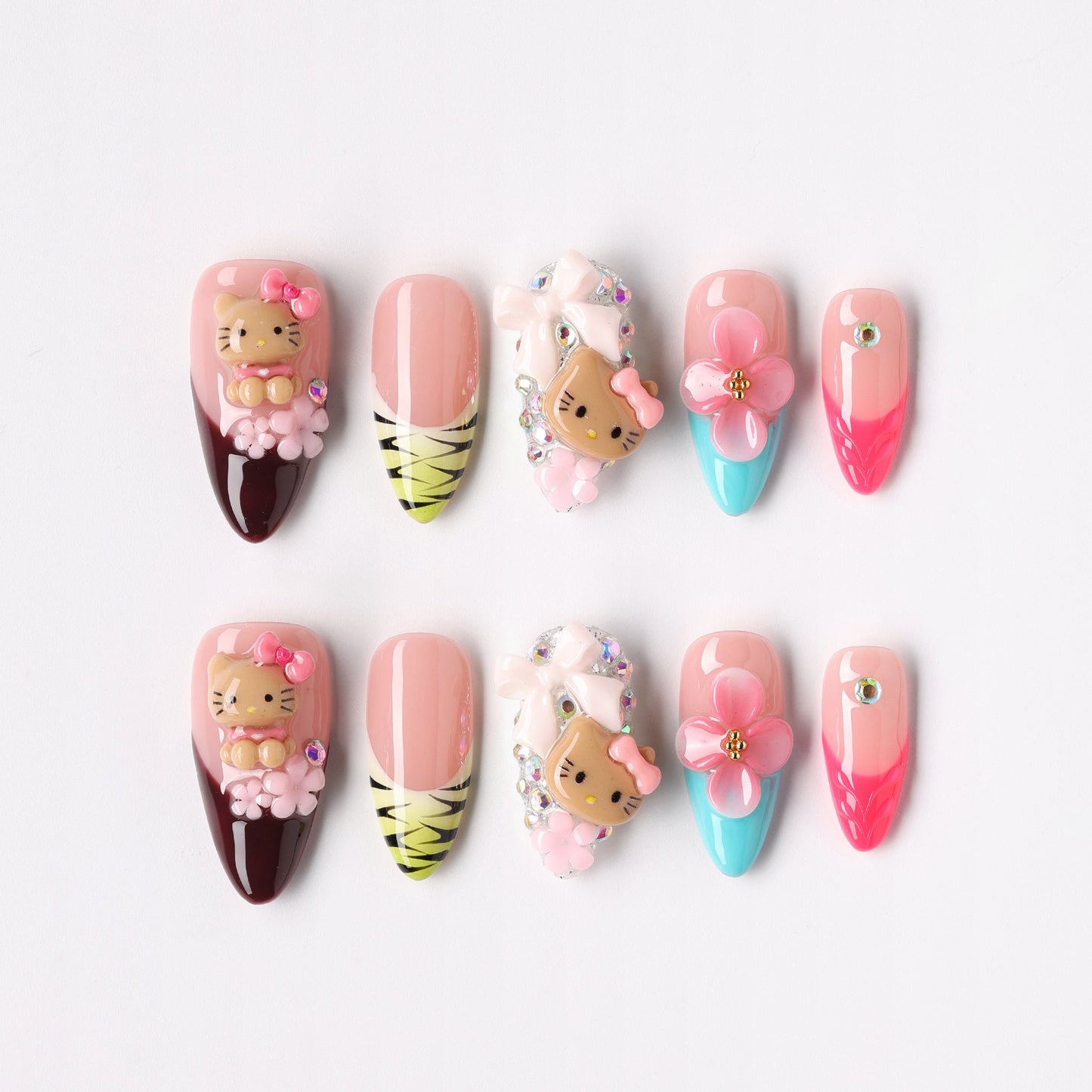Kitty Garden press-on nails – cute cat garden almond full set