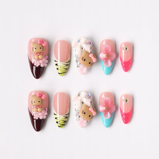 Kitty Garden press-on nails – cute cat garden almond full set