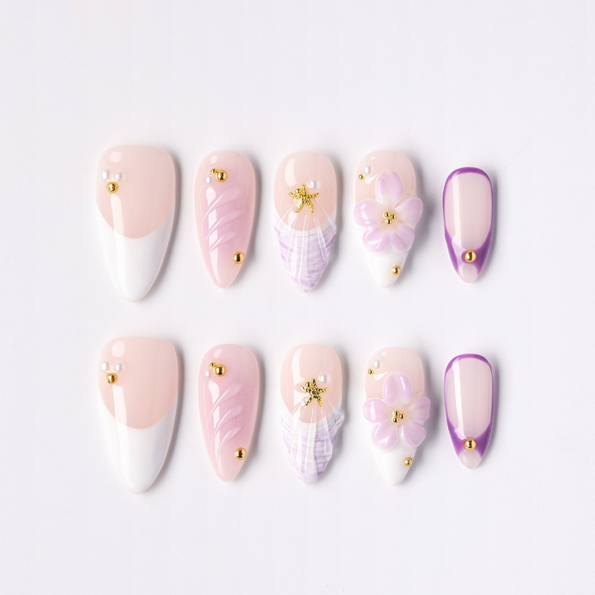 Lilac Trace press-on nails – lilac line-art floral almond full set