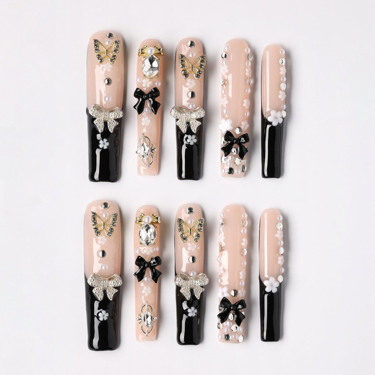 Midnight Bow press-on nails - black double bow and butterfly extra long coffin full set