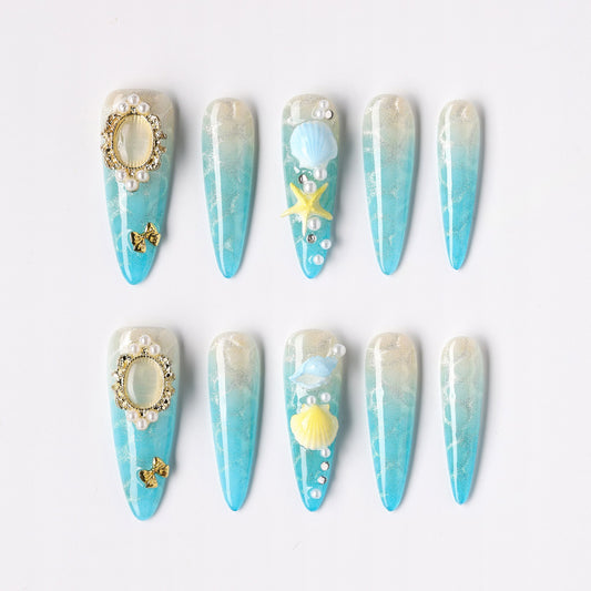 Moonlit Shell press-on nails – moonlit iridescent shell stiletto full set