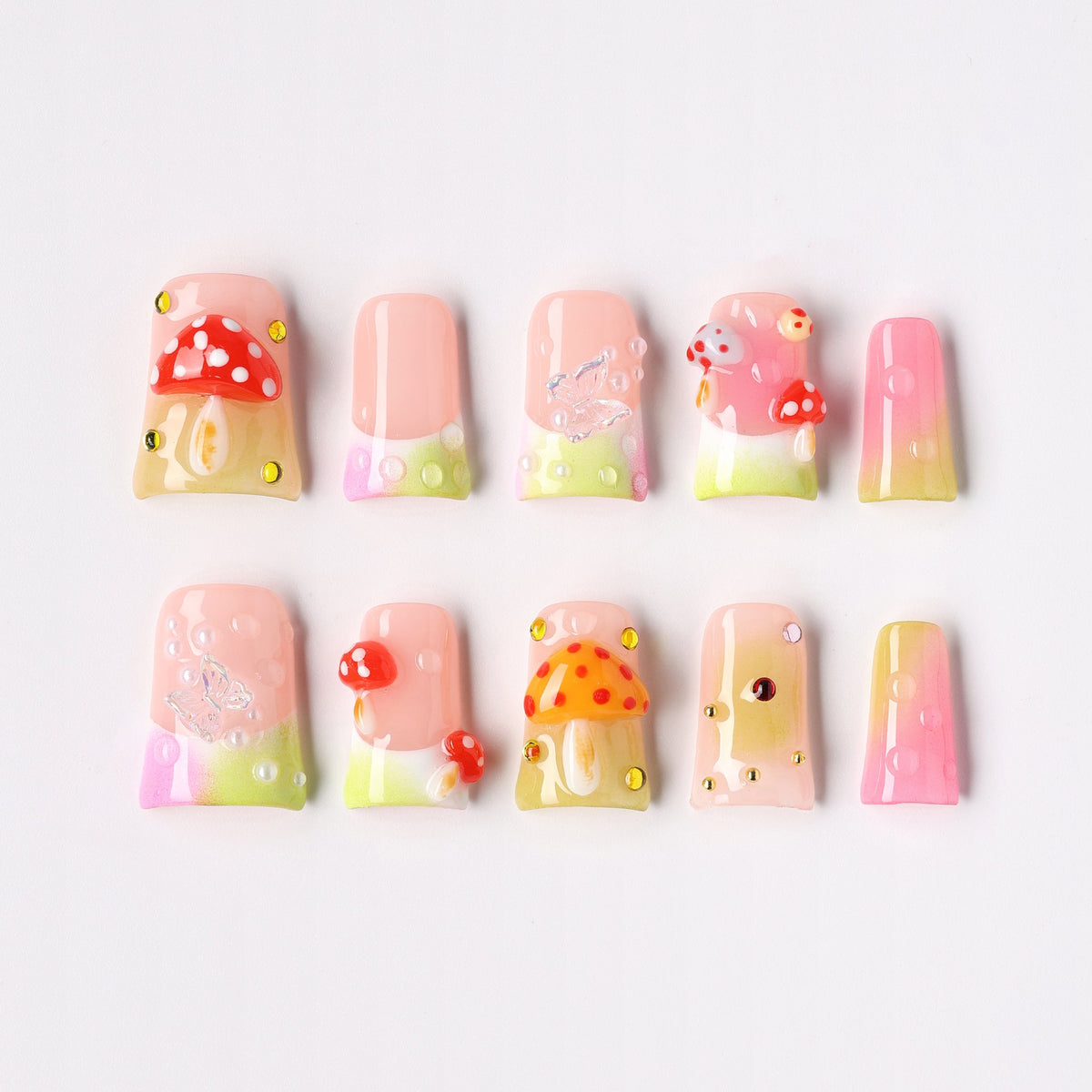 Mushroom Magic press-on nails - 3D mushroom and toadstool coffin full set