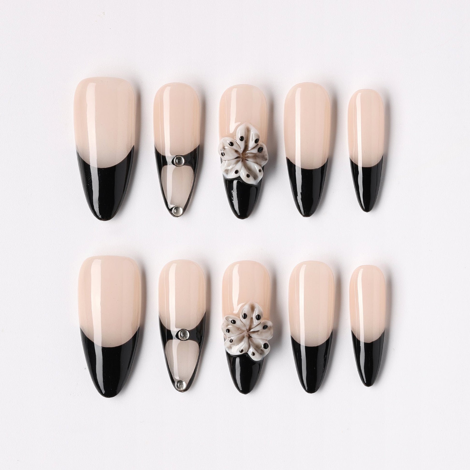 Noir Bloom press-on nails – black floral noir long almond full set