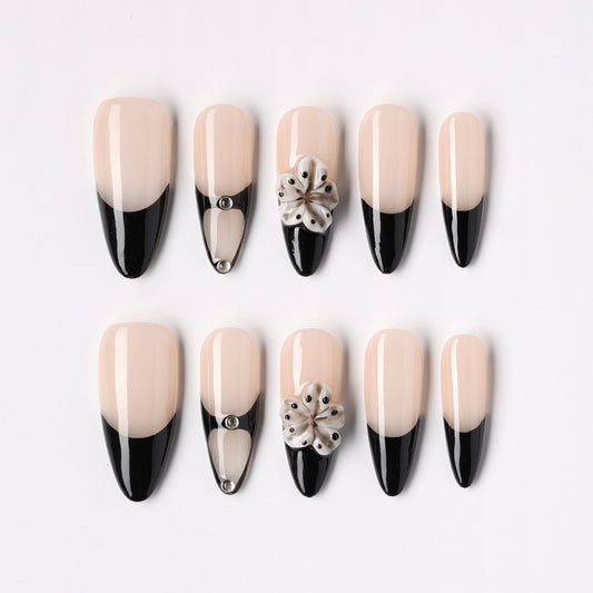 Noir Bloom press-on nails – black floral noir long almond full set