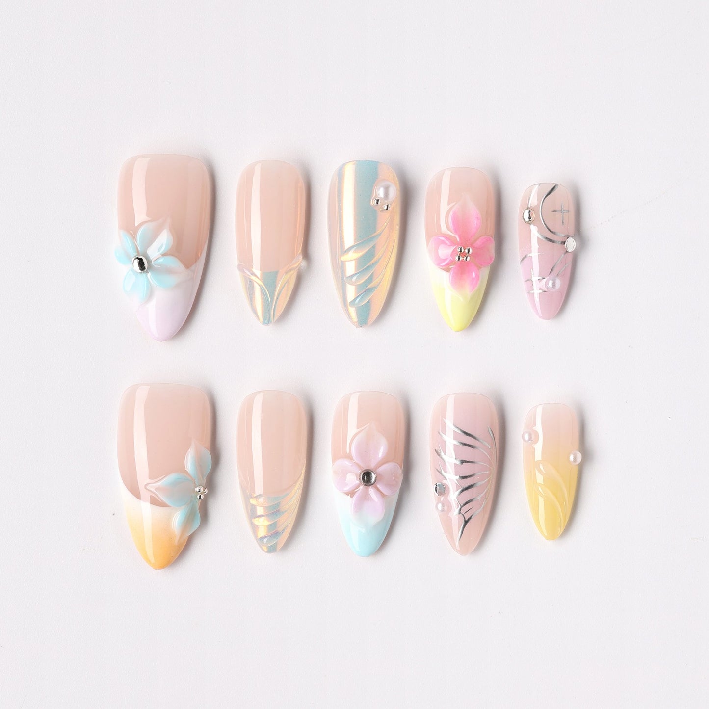 Pastel Garden press-on nails – pastel floral garden almond full set