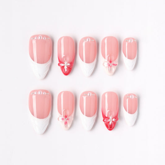 Pearl Rosette press-on nails – pearl rosette bridal almond full set