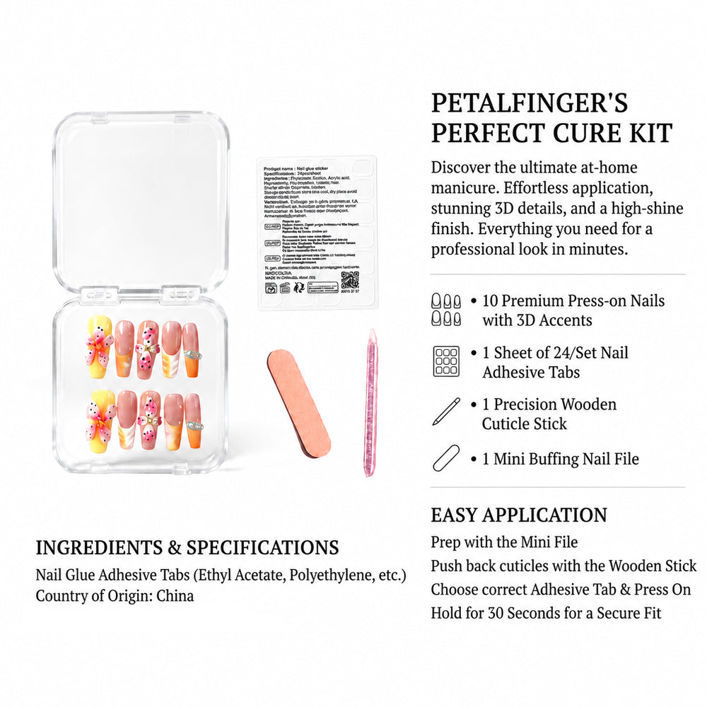 What is in the box - 10 PetalFinger press-on nails, 24 adhesive tabs, wooden cuticle stick and mini buffing file
