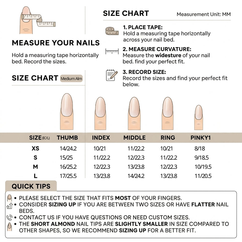 PetalFinger medium almond press-on nails size chart - nail bed width in mm for sizes XS, S, M and L