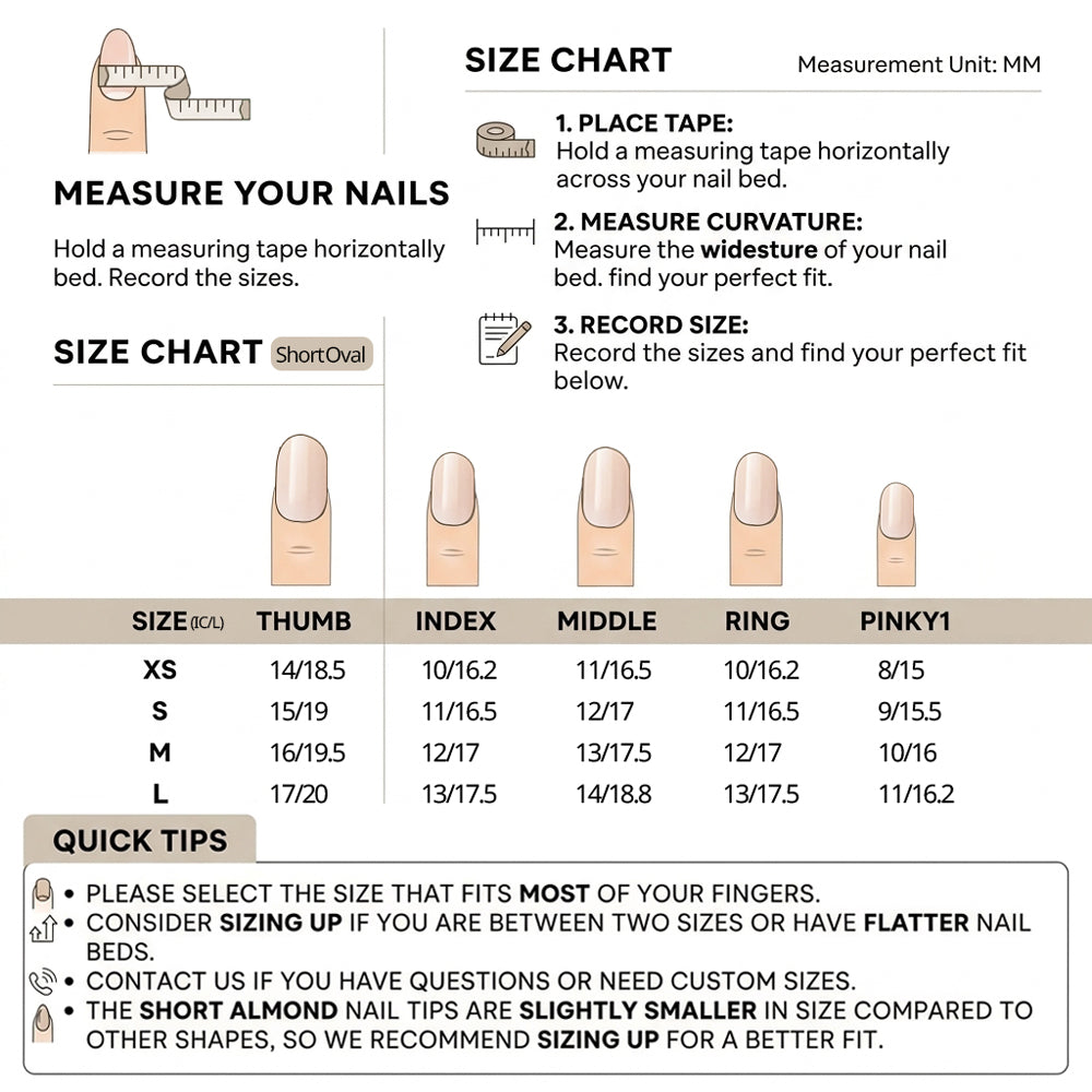 PetalFinger short oval press-on nails size chart - nail bed width in mm for sizes XS, S, M and L