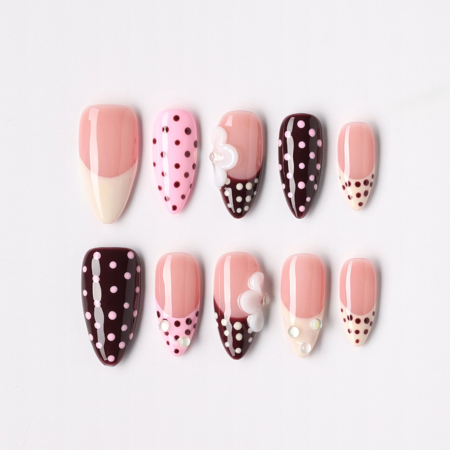 Polka Bloom press-on nails – polka-dot bloom almond full set