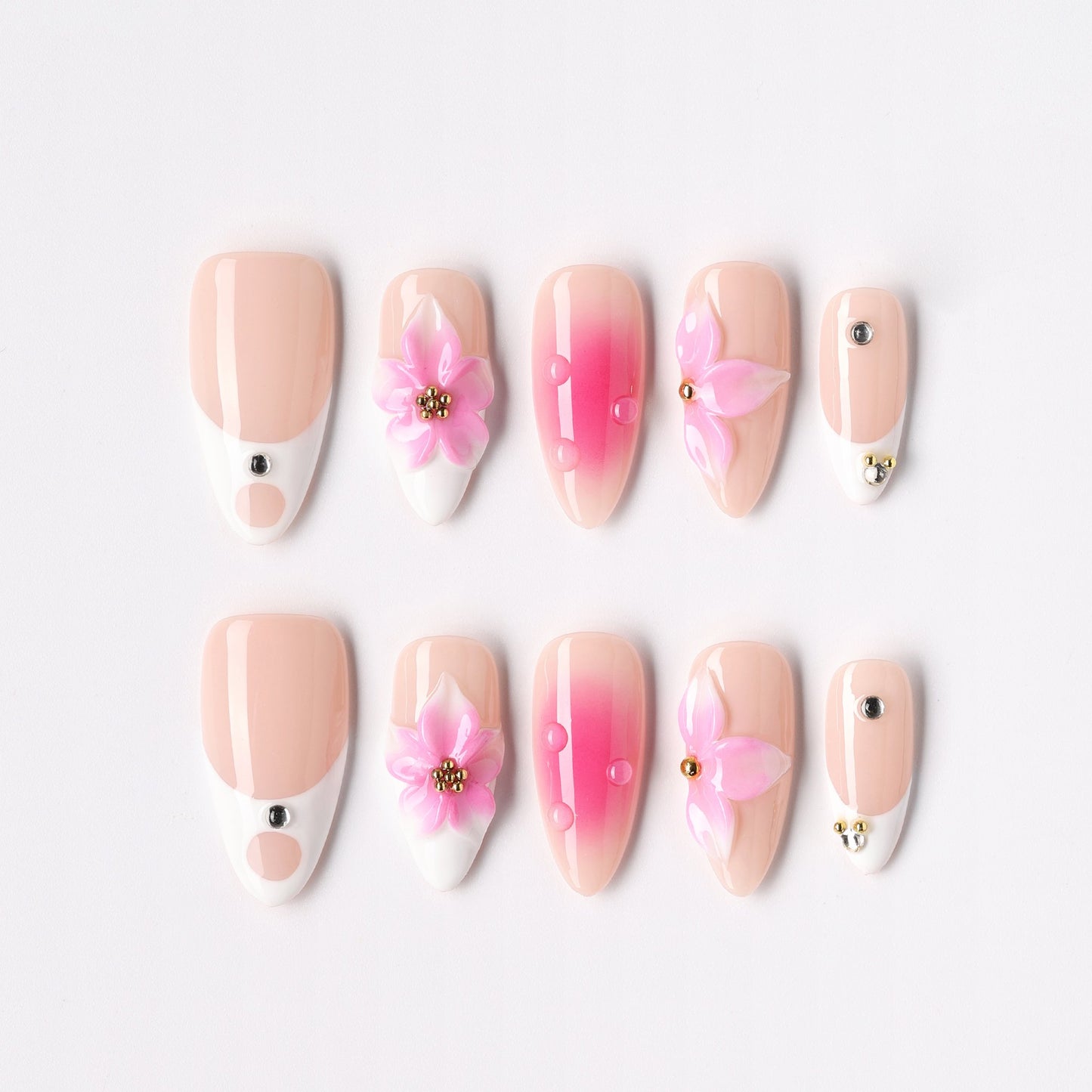 Rose French Deux press-on nails – rose French tip almond full set