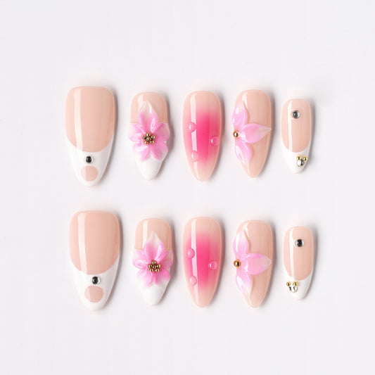 Rose French Deux press-on nails – rose French tip almond full set
