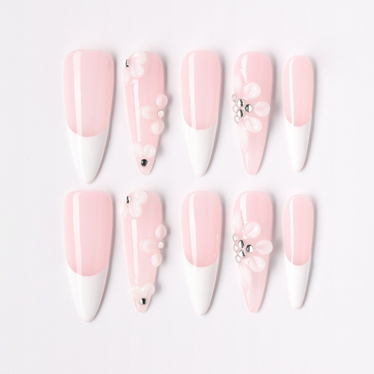 Rose French press-on nails – rose pink French long almond full set