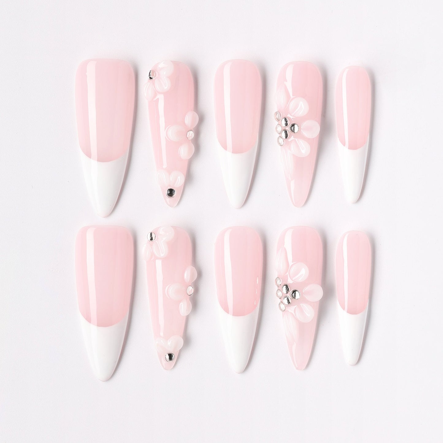 Rose French press-on nails – rose pink French long almond full set