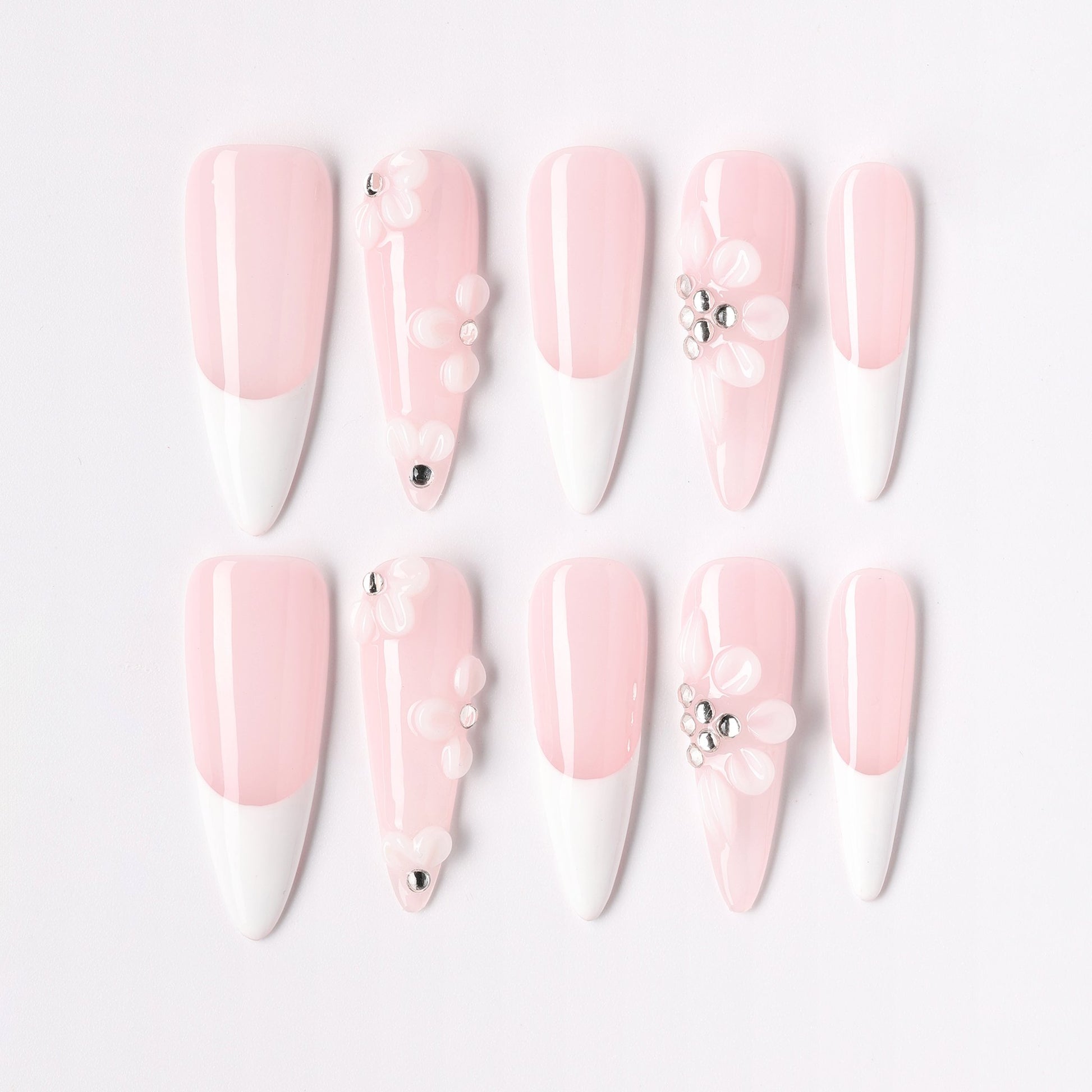 Rose French press-on nails – rose pink French long almond full set