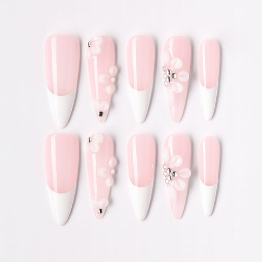 Rose French press-on nails – rose pink French long almond full set