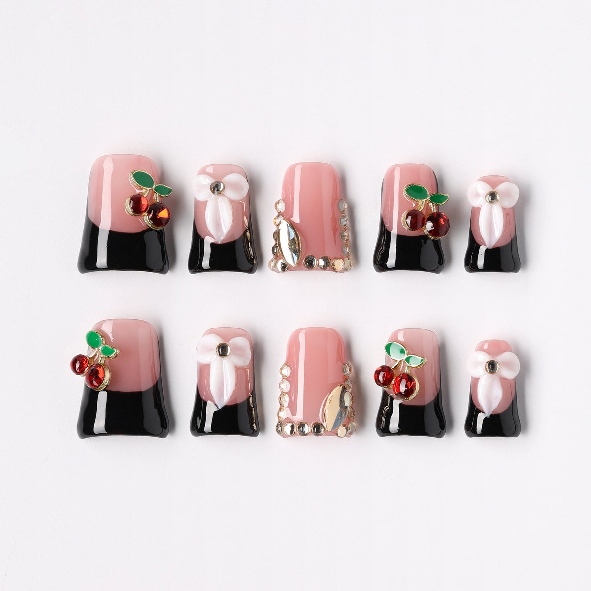 Sweet Cherry press-on nails - red cherry on deep green French coffin full set