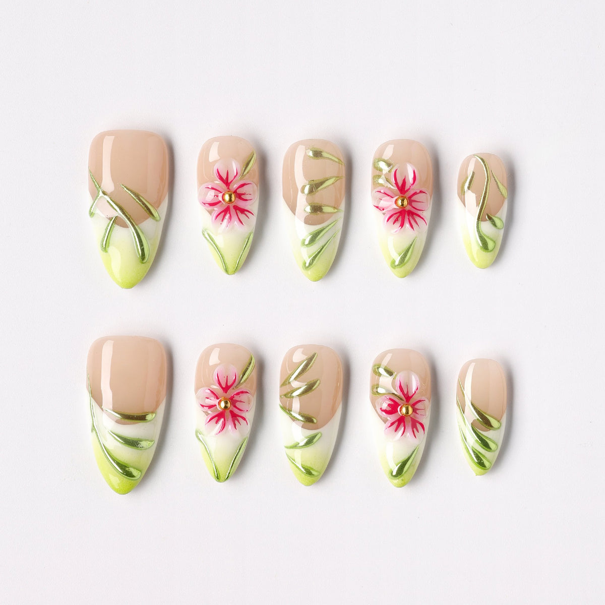 Traced Bloom press-on nails – outlined bloom line-art almond full set