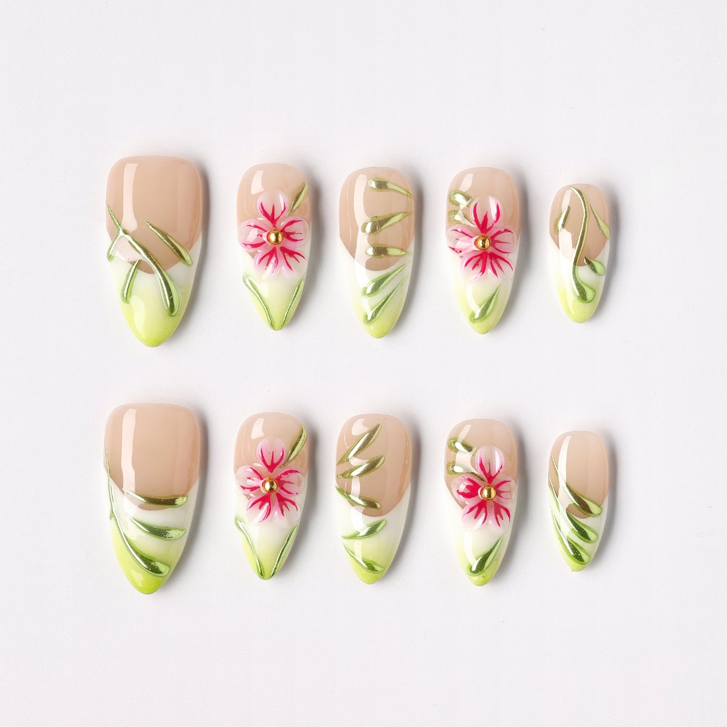 Traced Bloom press-on nails – outlined bloom line-art almond full set